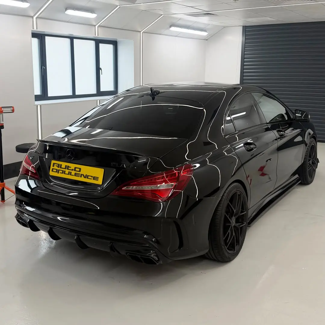 Rear three-quarter view of the machine-polished and ceramic-coated Mercedes CLA45