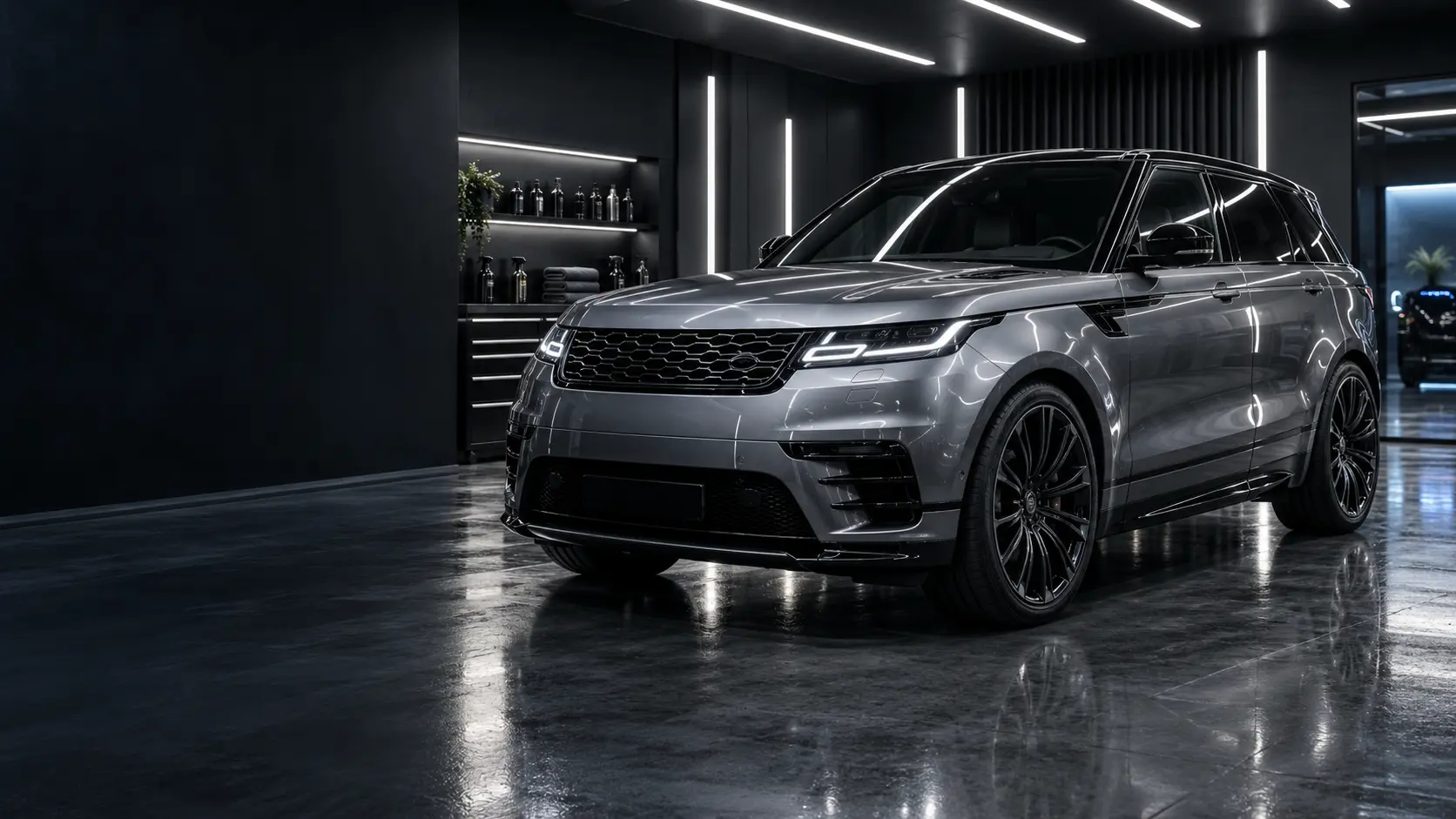 Pearl grey luxury SUV inside a professional detailing studio