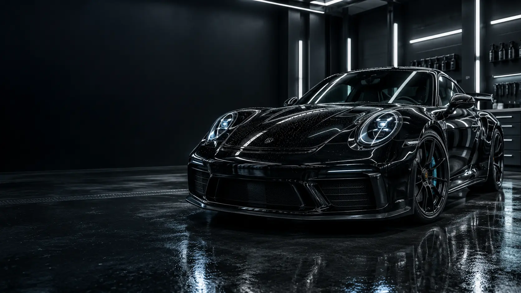 Glossy black performance car with ceramic protection under detailing lights
