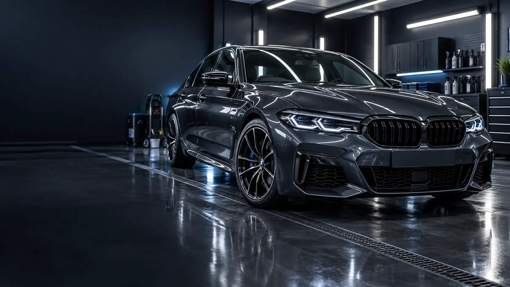 Graphite performance car prepared for a professional standard valet
