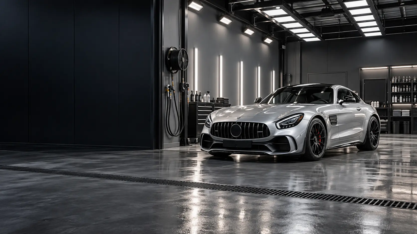Professional indoor valet bay with a silver performance car