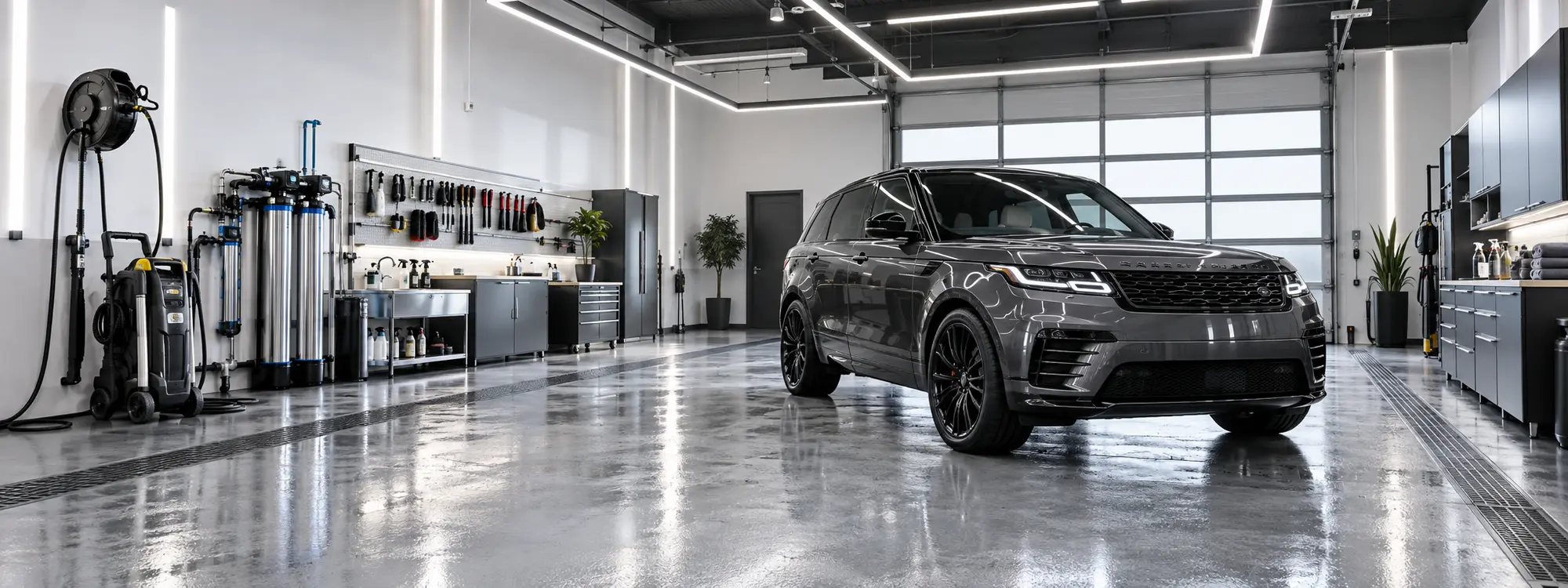 Bright indoor vehicle detailing studio with spotless-water equipment and professional wash facilities
