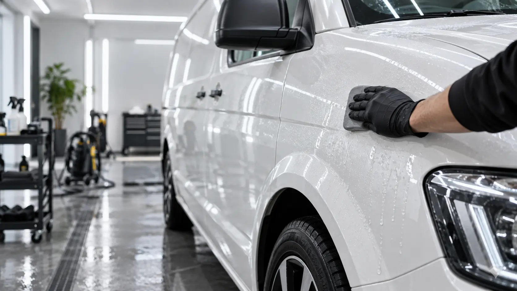 White vehicle receiving clay-bar decontamination before graphics installation