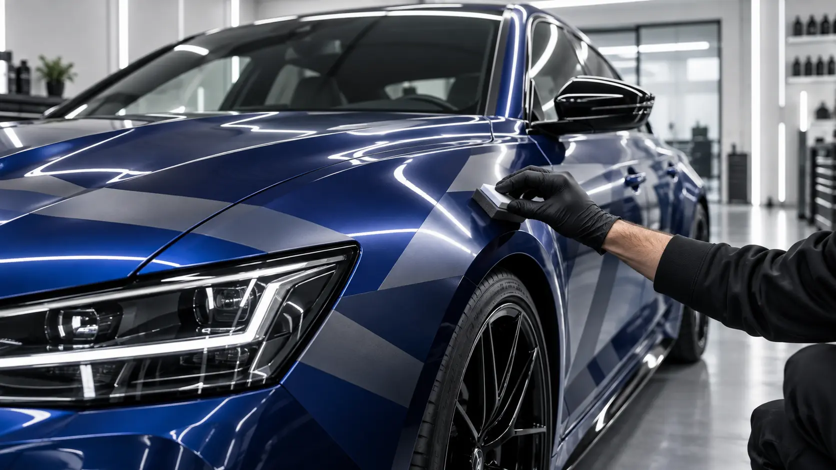 Ceramic protection applied to a blue wrapped performance vehicle