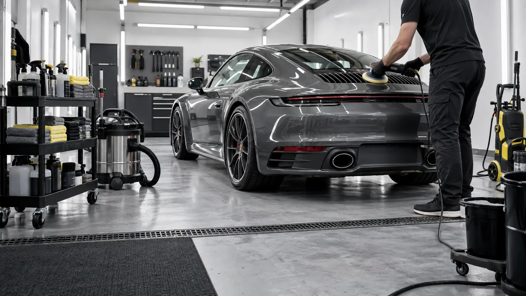 Right-hand-drive grey Porsche 911 using the public full-day detailing bay hire