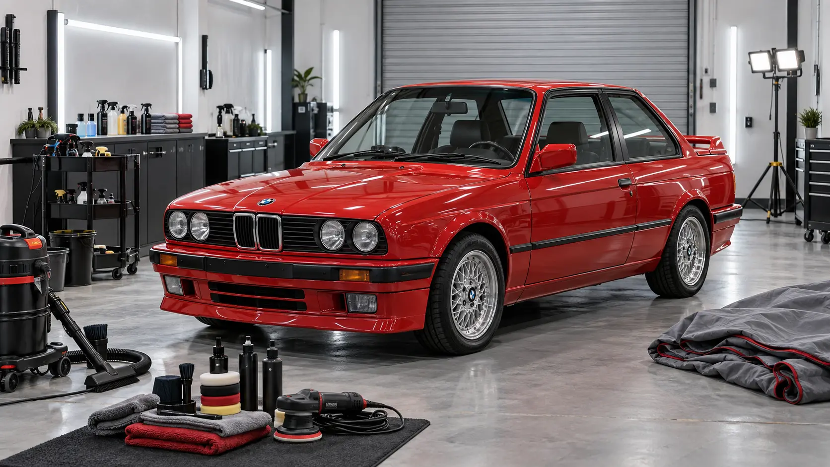 Classic right-hand-drive red BMW E30 prepared for a weekend valet bay hire project