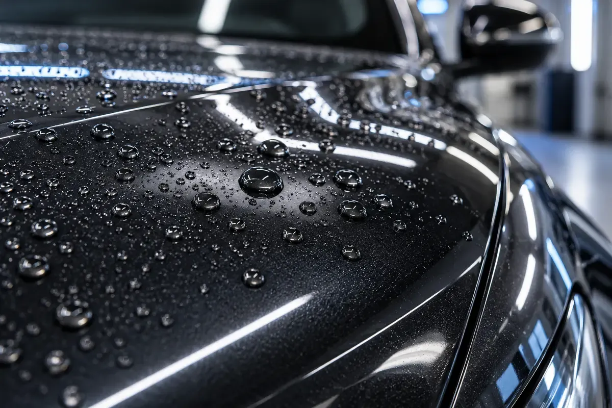 Water beading on a ceramic-coated black bonnet after a 3 + 1 year ceramic coating