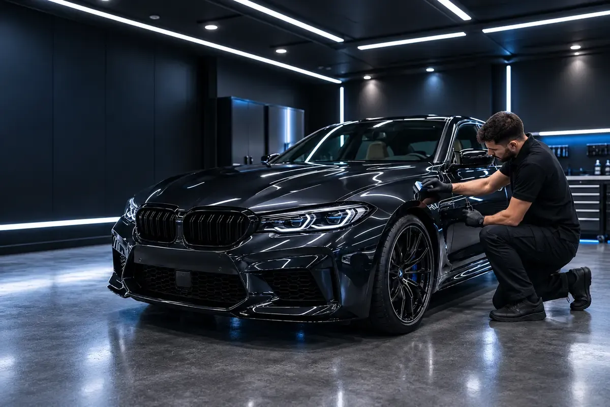 Black BMW M5 being hand-coated with a 3 + 1 year ceramic coating in the Auto Opulence unit, Norwich