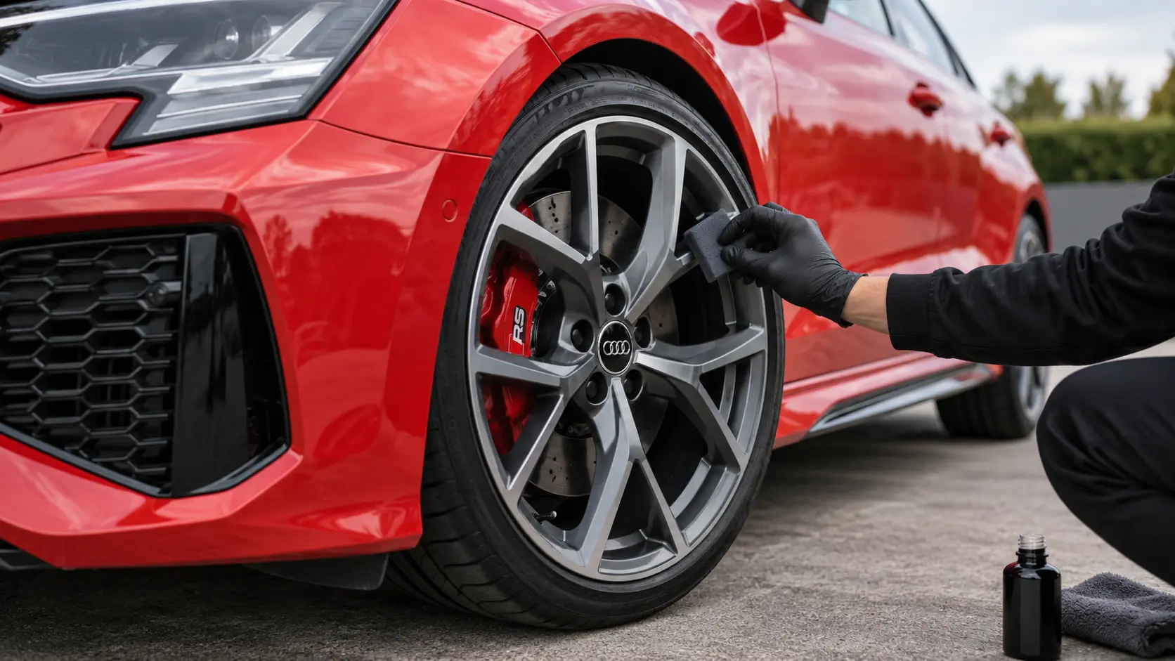 Audi RS3 alloy wheel face receiving ceramic coating while fitted to the vehicle