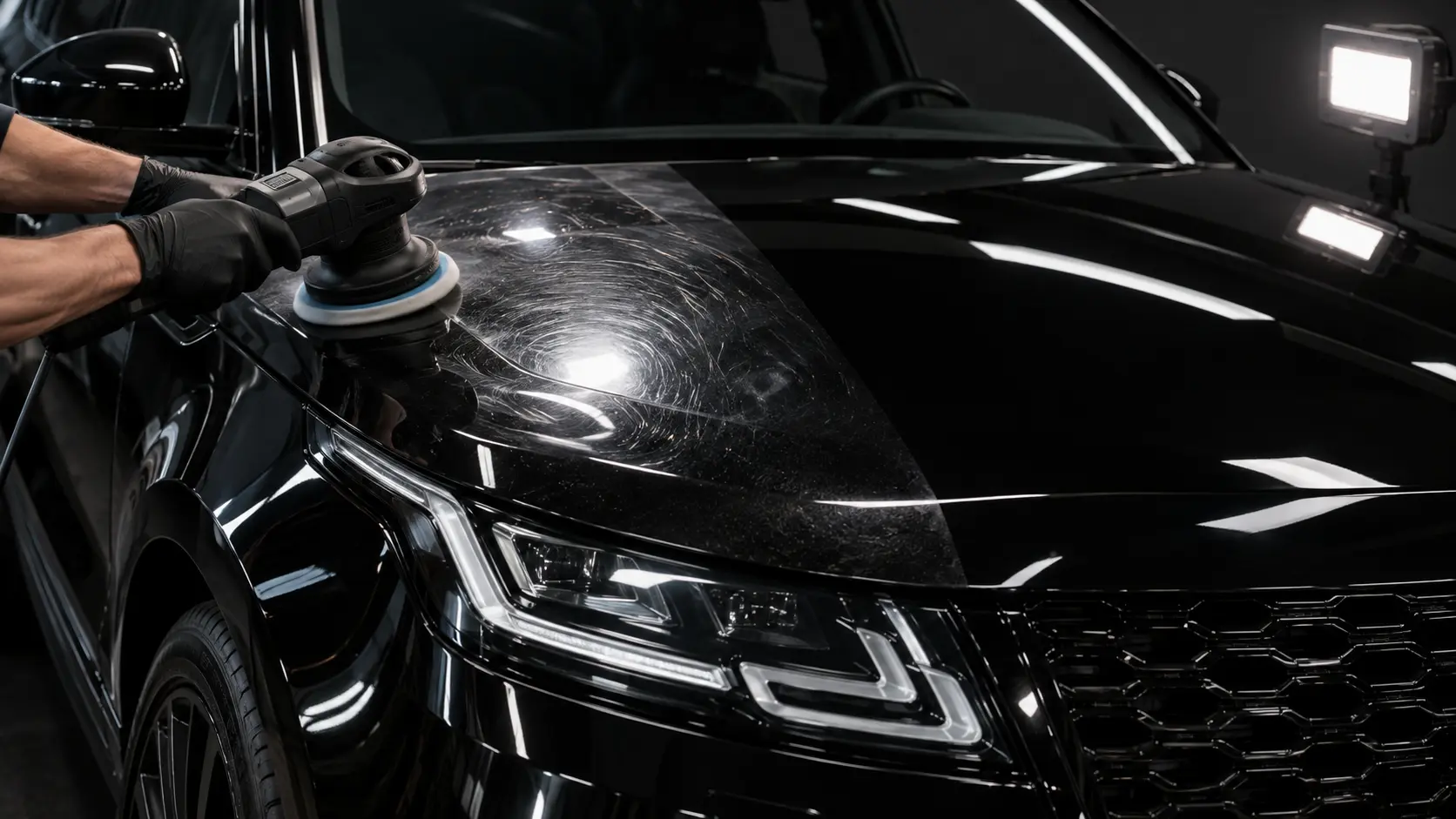 Black Range Rover Velar undergoing multi-stage paint correction