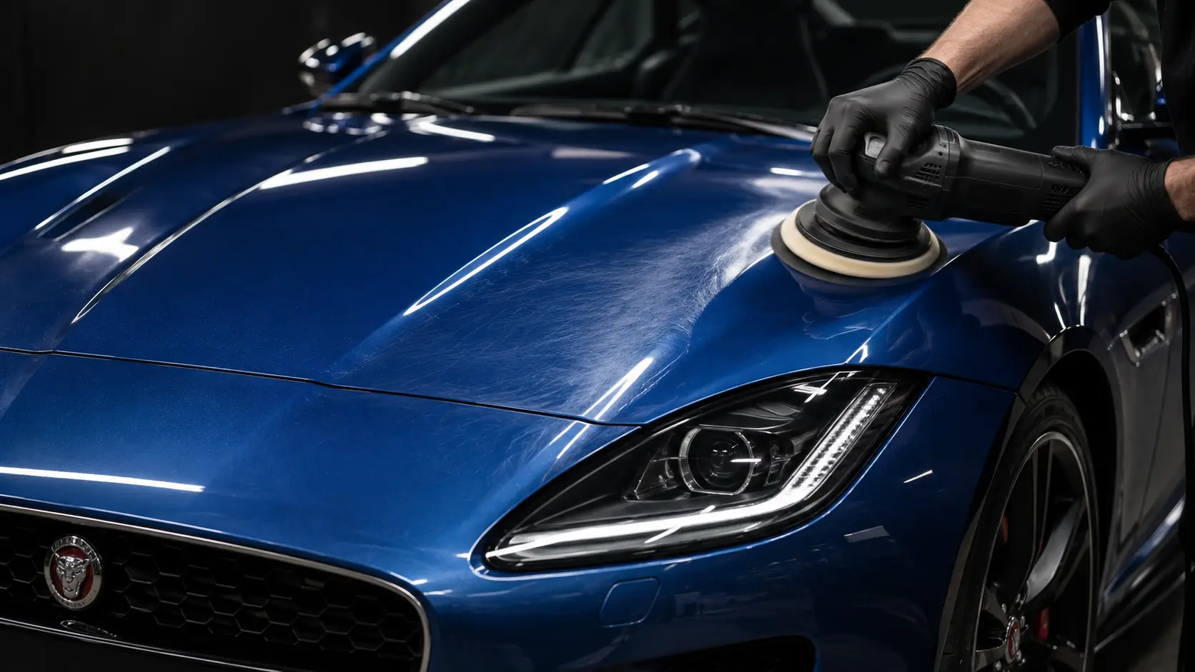 Blue Jaguar F-Type receiving a professional Stage 1 machine polish