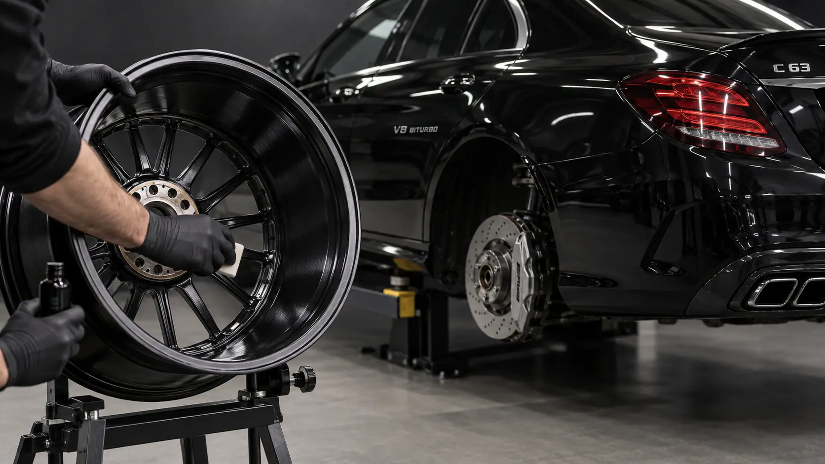 Removed Mercedes-AMG alloy wheel receiving complete ceramic coating on its face and barrel
