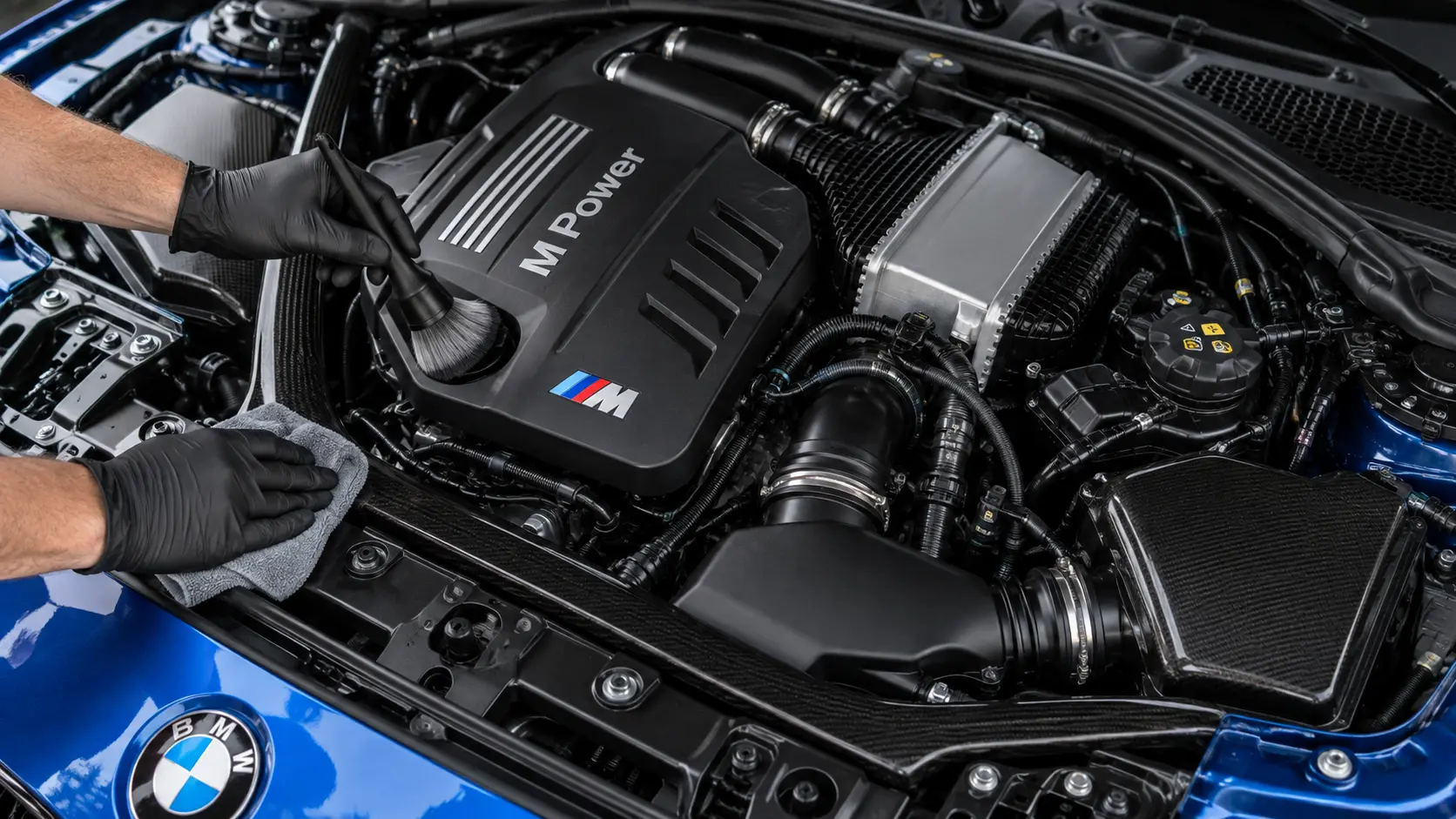 BMW M3 engine bay being carefully detailed with a soft brush and microfibre cloth