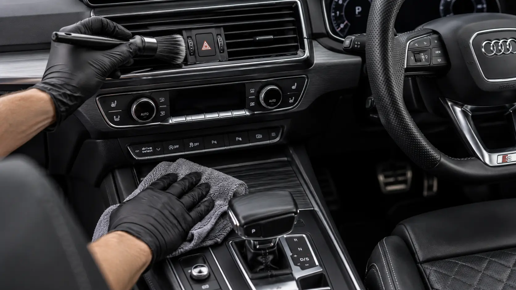 Right-hand-drive Audi Q5 interior being professionally cleaned during a car valet