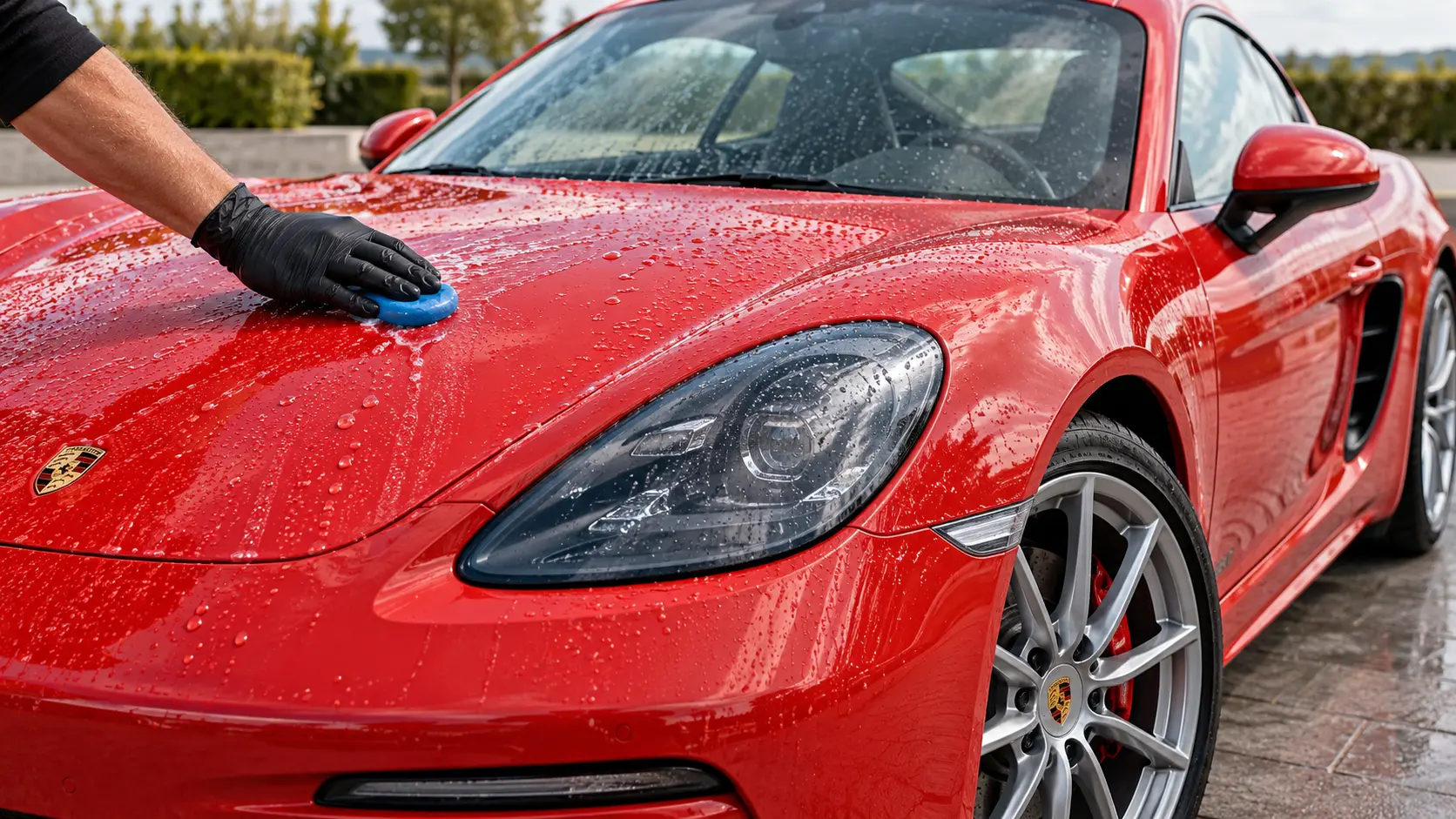 Red Porsche 718 Cayman receiving a clay bar decontamination wash in Norwich