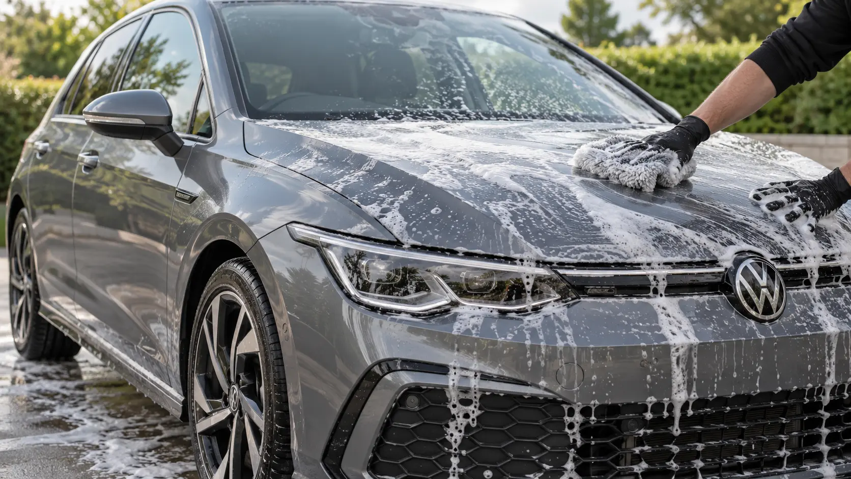 Metallic grey Volkswagen Golf receiving a professional hand car wash in Norwich