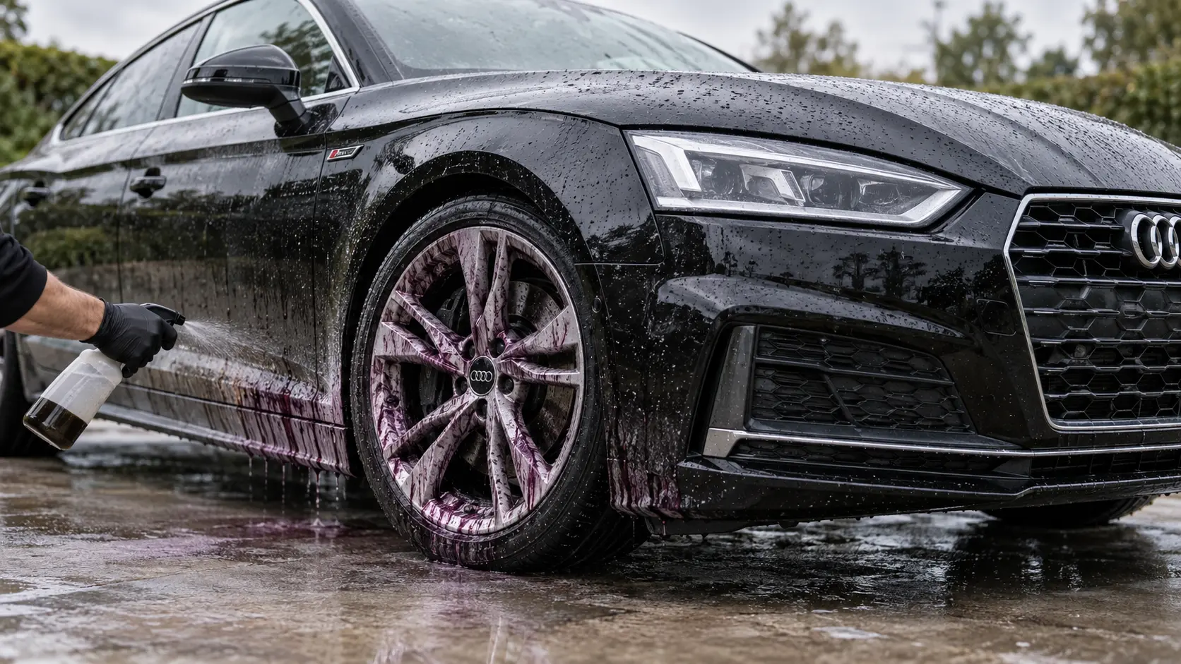 Black Audi A5 receiving iron and tar treatment during a two-step decontamination wash